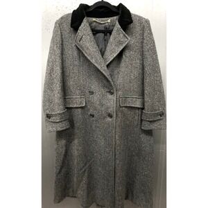 Vtg Wool Coat Women L/XL Gray Herringbone Velvet Collar Dbl Breasted Old Money